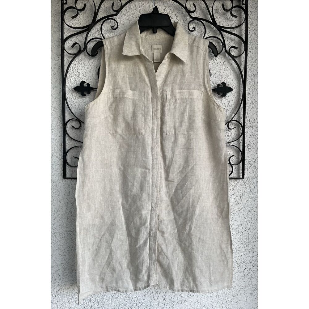 Chicos Linen Side Slit Tunic Blouse - Chicos 1P / MP  Or  8P - Tan